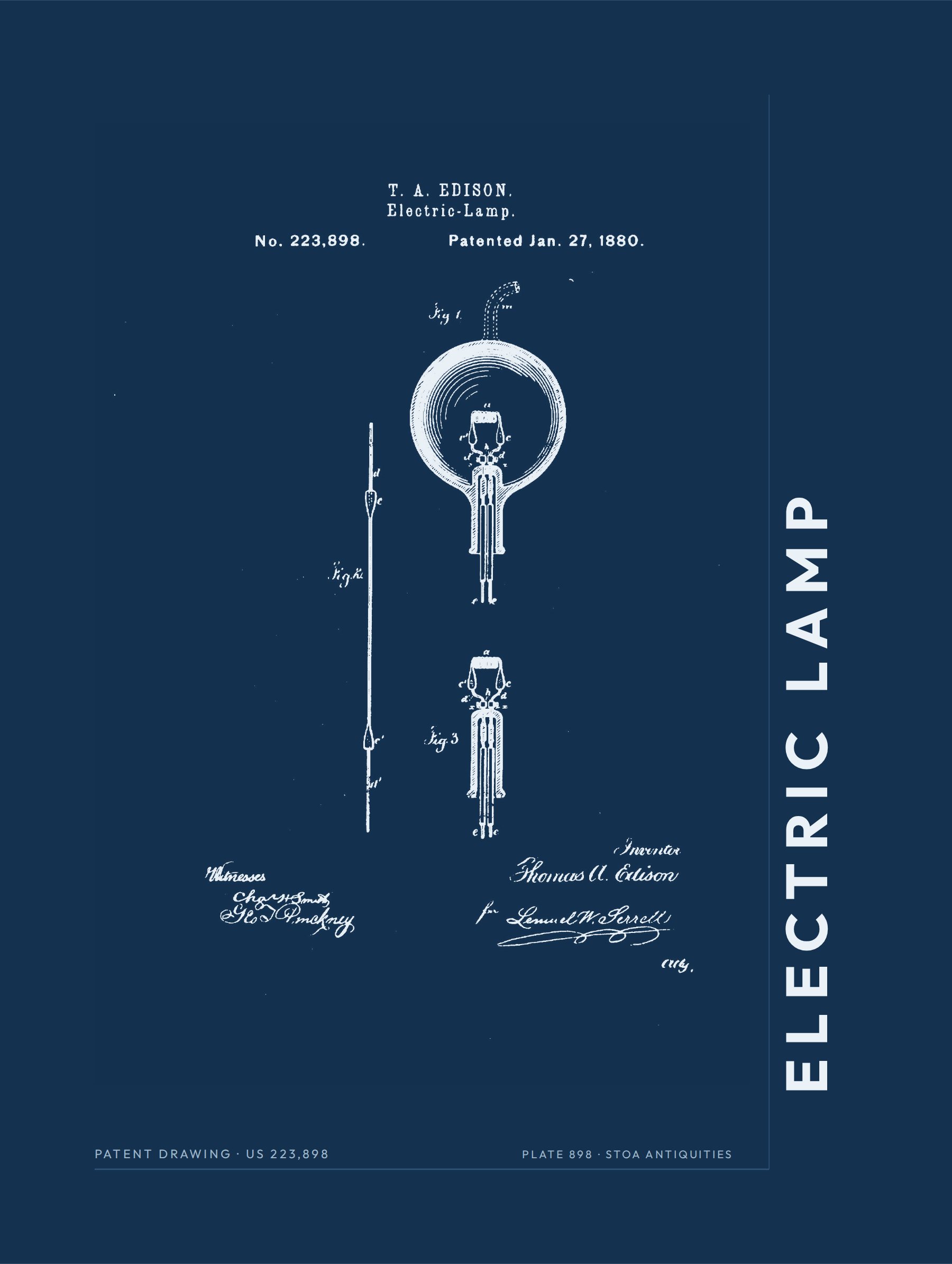 Edison's electric lamp, patent 223,898 drawing on blueprint ground